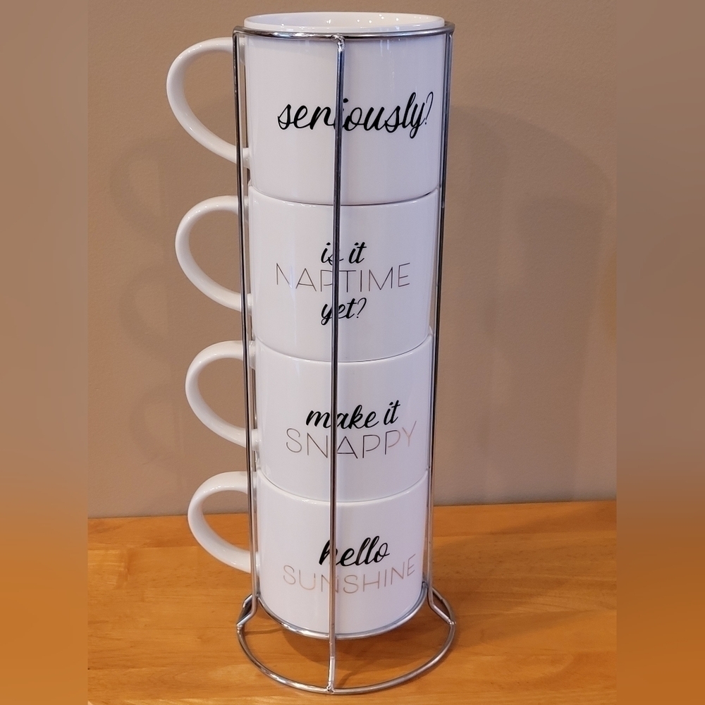 COCO + LOLA Stackable Ceramic Mugs With Wire Frame Holder, Set of 4